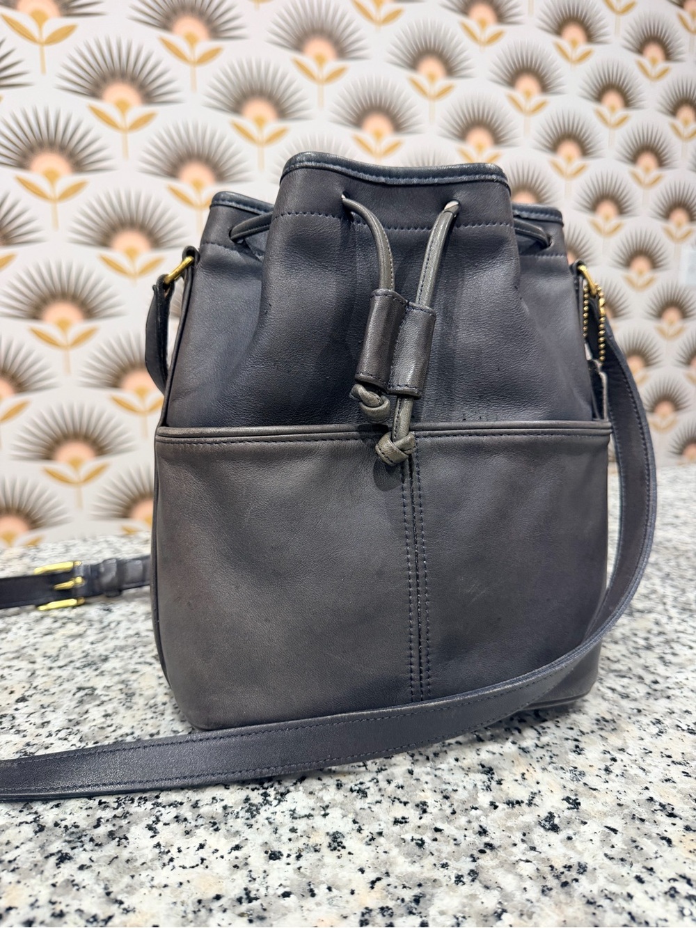 Vintage Coach Gray/Navy Drawstring Crossbody